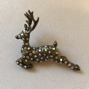 Gunmetal Tone Flying Reindeer Brooch Signed TC